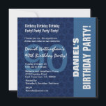 Invitación 90.º patrón moderno de cumpleaños en tonos de azul<br><div class="desc">Este moderno diseño de medianoche y azul es una forma elegante de invitar a sus huéspedes a una fiesta de cumpleaños número 90. Todo el texto es totalmente personalizable. Puede cambiar el color del texto para un aspecto diferente. Te recomiendo el papel metálico con casco de hielo, que te dará...</div>