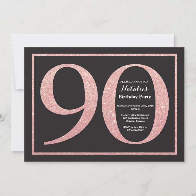 Invitación 90.º Rosa de cumpleaños Purpurina de oro rosado (Anverso)