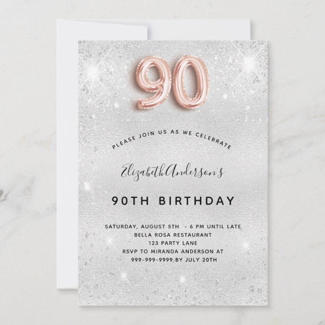 Invitación 90.º rosa de plata purpurina de oro (Anverso)