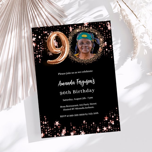 Invitación 90.º rosa negro de oro estrellas de lujo (Subido por el creador)