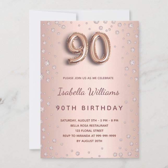 Invitación 90.º rosa oro rubor diamantes (Anverso)
