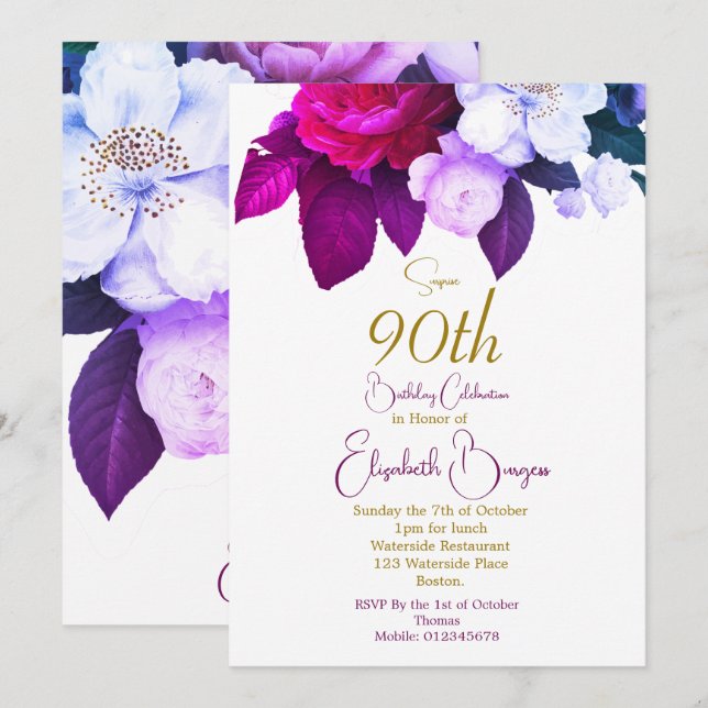 Invitación 90.º Rosa Purple Plum Borgoña Elegante Cumpleaños (Anverso / Reverso)