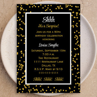 Invitación 90.º Shhh es una sorpresa Cumpleaños Confetti