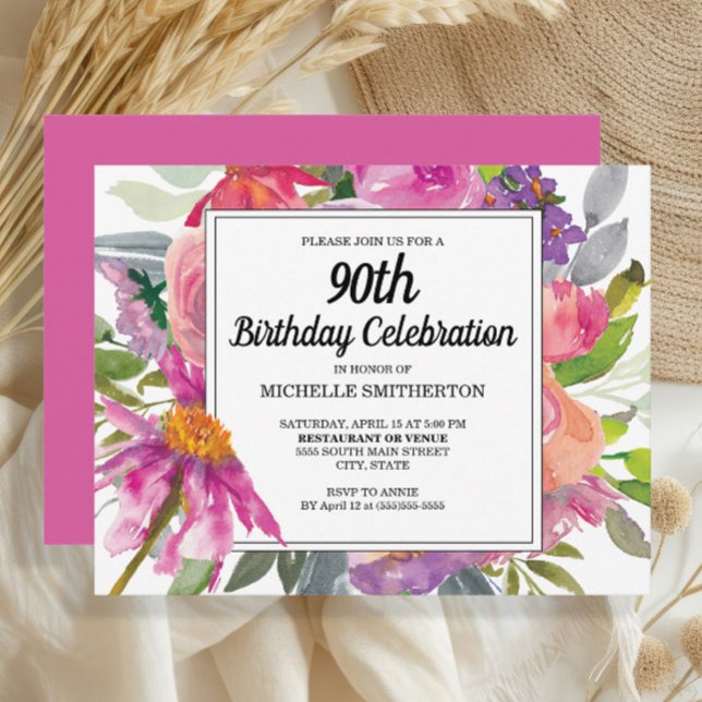 Invitación 90 Aniversario de la floración Púrpura Rosa de las (Pretty pink and purple watercolor floral 90th birthday party invitation)