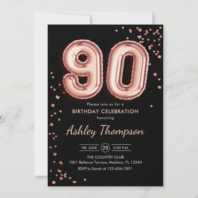 Invitación 90 Aniversario - Globos de Oro Rosa Negro (Anverso)