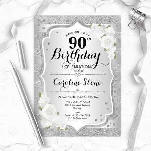 Invitación 90 Aniversario - Rayas Blancas Plateadas