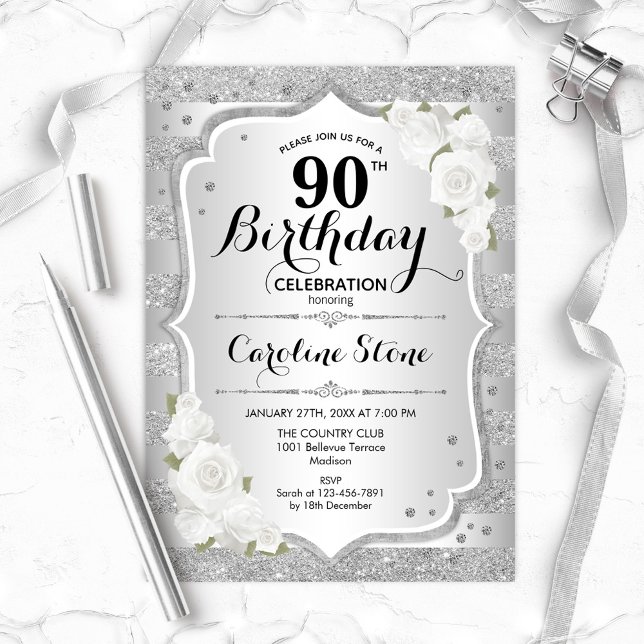 Invitación 90 Aniversario - Rayas Blancas Plateadas (Subido por el creador)