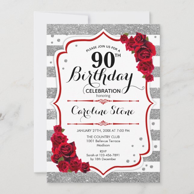 Invitación 90 Aniversario - Rosas de franjas blancas de plata (Anverso)