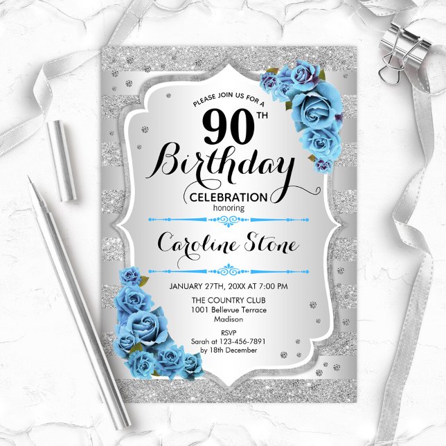 Invitación 90 Aniversario - Rosas de Silver Stripes Icy Blue (Subido por el creador)
