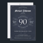 Invitación 90 años de la plata de la marina de perfección<br><div class="desc">90 Años de edad a invitación de plata de la Marina de Perfección. Un diseño de invitación de cumpleaños elegante con el estilo de etiquetas de botellas de whisky antiguas, con un toque de humor. Se coloca sobre un antiguo papel rústico para darle un toque de época. Disponible en una...</div>