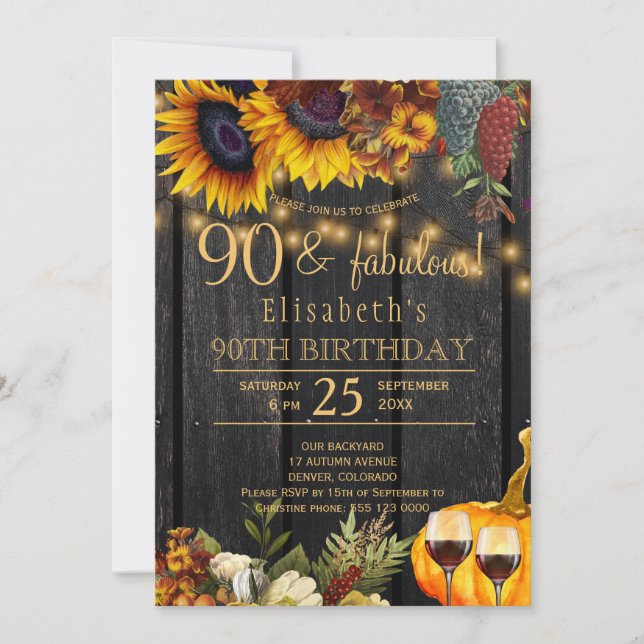 Invitación 90 años fabulosos otoño caída rústica cosecha (Anverso)