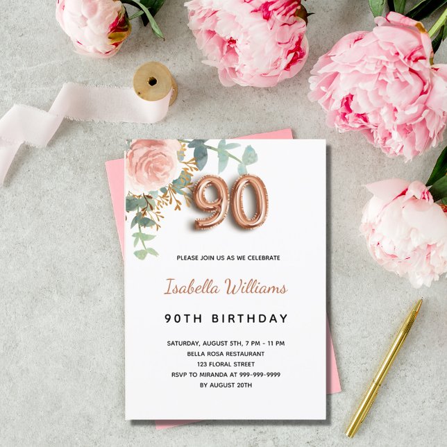 Invitación 90 años floral rosa oro eucalipto verde (Subido por el creador)