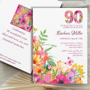 Invitación 90 años Flores mariposa Abuela 90 cumpleaños
