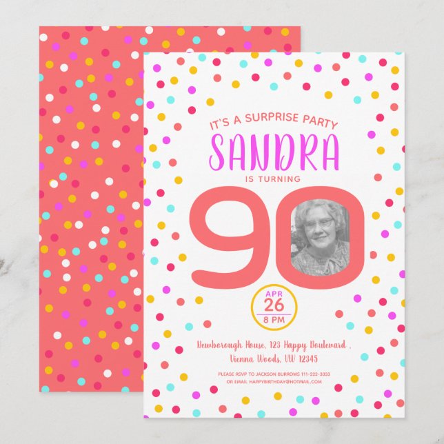 Invitación 90 años personalizado foto confeti de coral vivo (Anverso / Reverso)