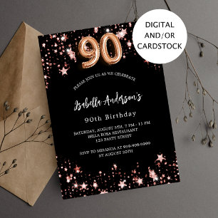 Invitación 90 años rosa negro estrellas de oro