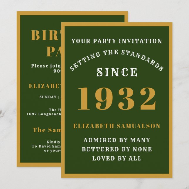 Invitación 90 cumpleaños 1932 elegante nombre de oro verde ed (Anverso / Reverso)