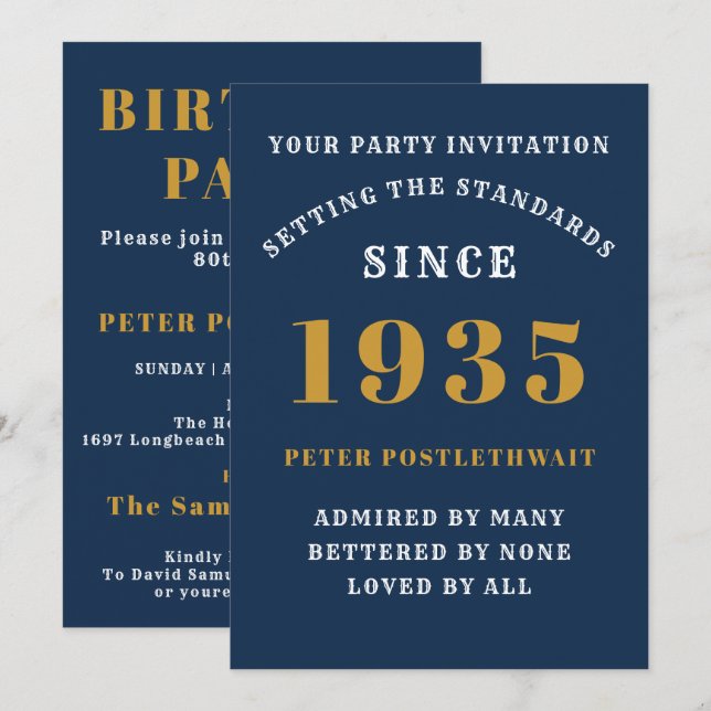Invitación 90 cumpleaños 1935 Oro Azul personalizado para él (Anverso / Reverso)