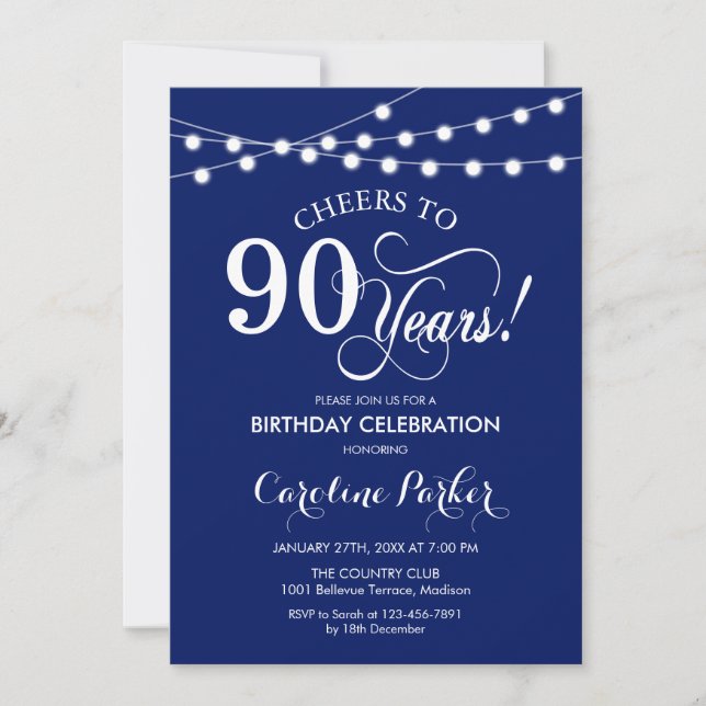Invitación 90° cumpleaños - Blanco azul de la Marina (Anverso)