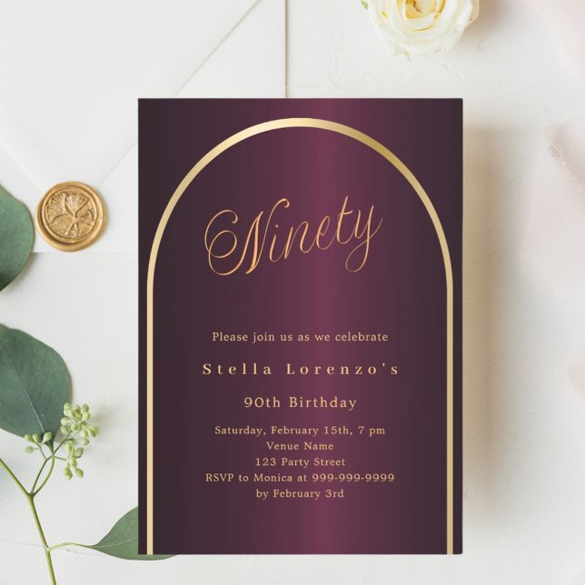 Invitación 90 cumpleaños burgundy script de arco de oro elega (Subido por el creador)