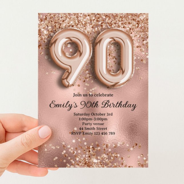 Invitación 90 Cumpleaños de Brillo Dorado Rosa (Subido por el creador)