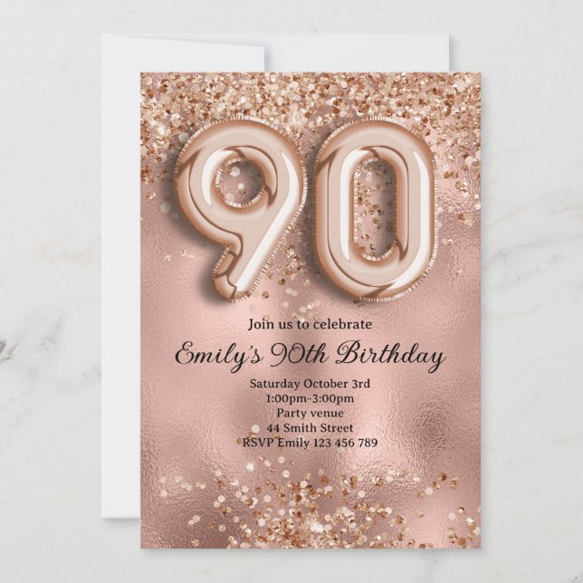 Invitación 90 Cumpleaños de Brillo Dorado Rosa (Anverso)