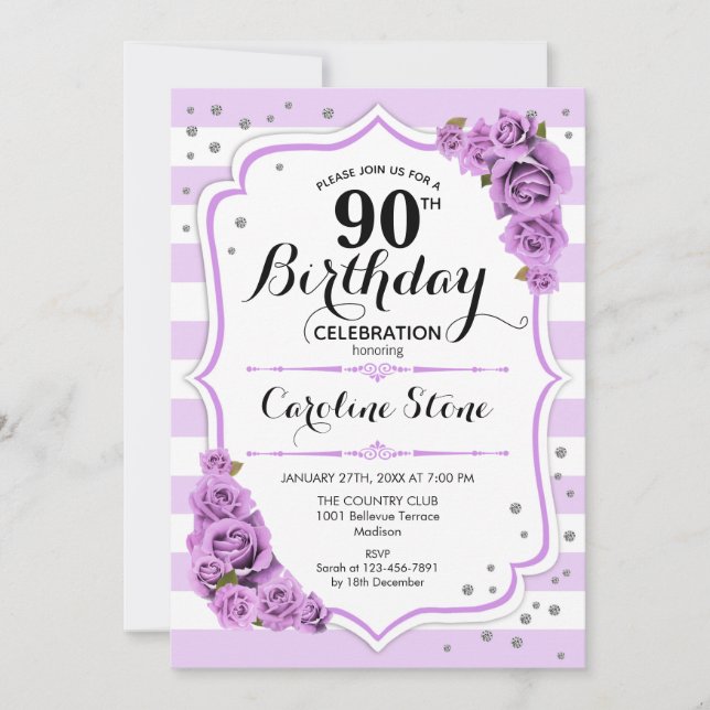 Invitación 90° cumpleaños - Flores moradas blancas de lavanda (Anverso)