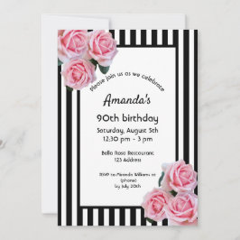 Invitación 90 cumpleaños flores rosadas rayas blancas negras
