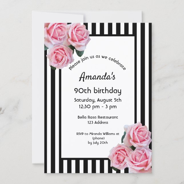 Invitación 90 cumpleaños flores rosadas rayas blancas negras (Anverso)