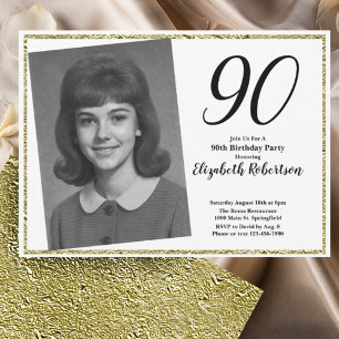 Invitación 90 Cumpleaños Foto Personalizada Blanco y Dorado 