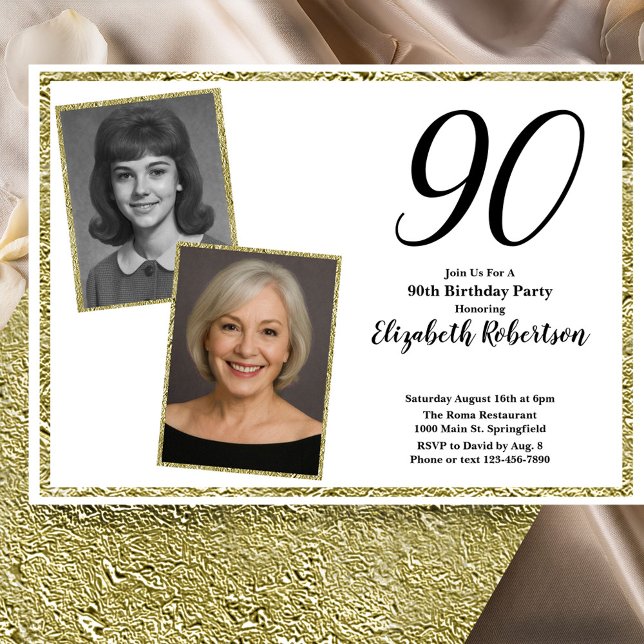 Invitación 90 Cumpleaños Foto Personalizada Blanco y Dorado  (Subido por el creador)