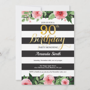 Invitación 90 cumpleaños mujeres. Floral Oro Negro