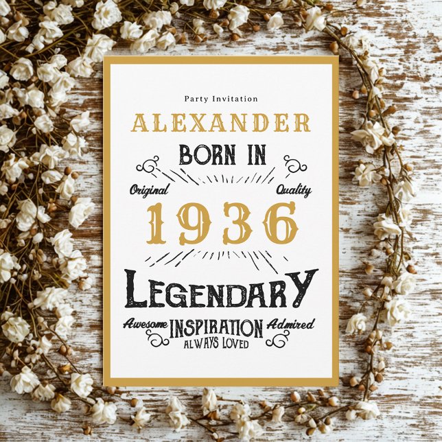 Invitación 90 cumpleaños Nacido en 1936 Leyenda de Oro Blanco (Born 1936 birthday invitation.)