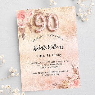 Invitación 90 cumpleaños pampas rosa oro floral lujo