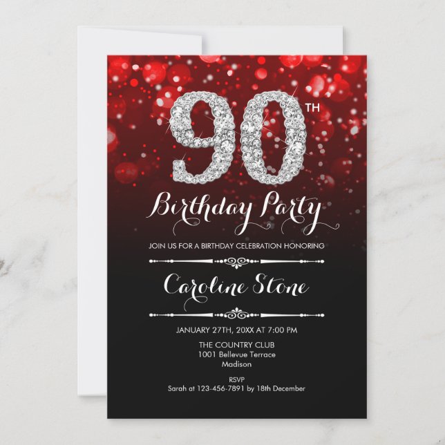 Invitación 90° cumpleaños - Plata negra roja (Anverso)