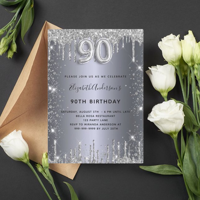 Invitación 90 cumpleaños plata purpurina metalizado glam polv (Subido por el creador)
