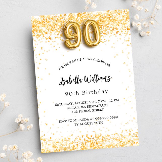 Invitación 90 cumpleaños purpurina de oro blanco (Subido por el creador)