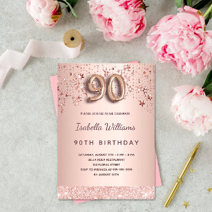 Invitación 90 cumpleaños rosa estrellas doradas de lujo