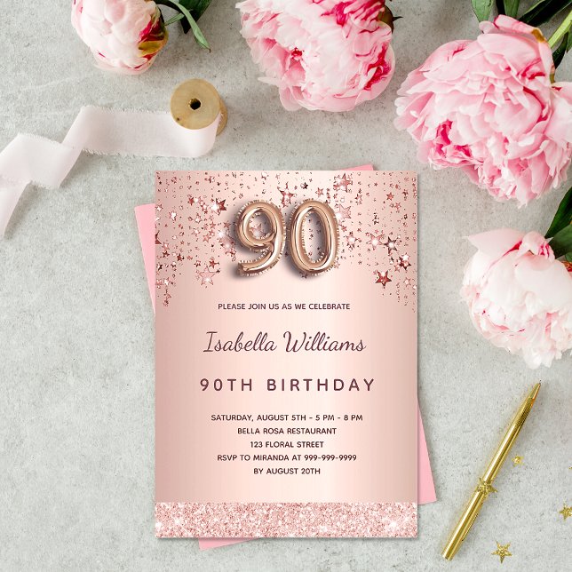 Invitación 90 cumpleaños rosa estrellas doradas de lujo (Subido por el creador)