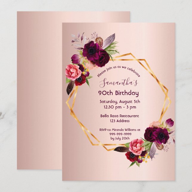 Invitación 90 cumpleaños rosa oro rosa floral lujo (Anverso / Reverso)