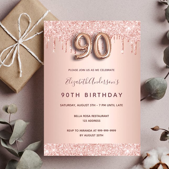 Invitación 90 cumpleaños rosa purpurina oro gotea glam rosa (Subido por el creador)
