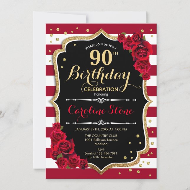 Invitación 90 cumpleaños - Rosas de franjas blancas rojas de  (Anverso)