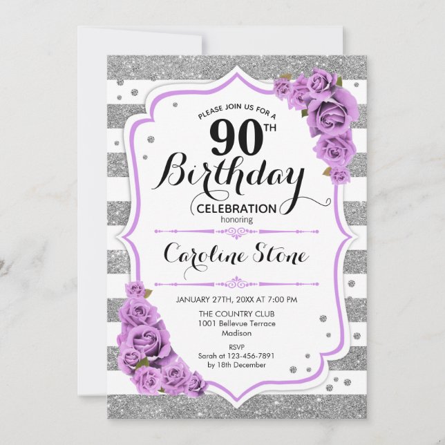 Invitación 90 cumpleaños - Rosas morados de rayas blancas pla (Anverso)