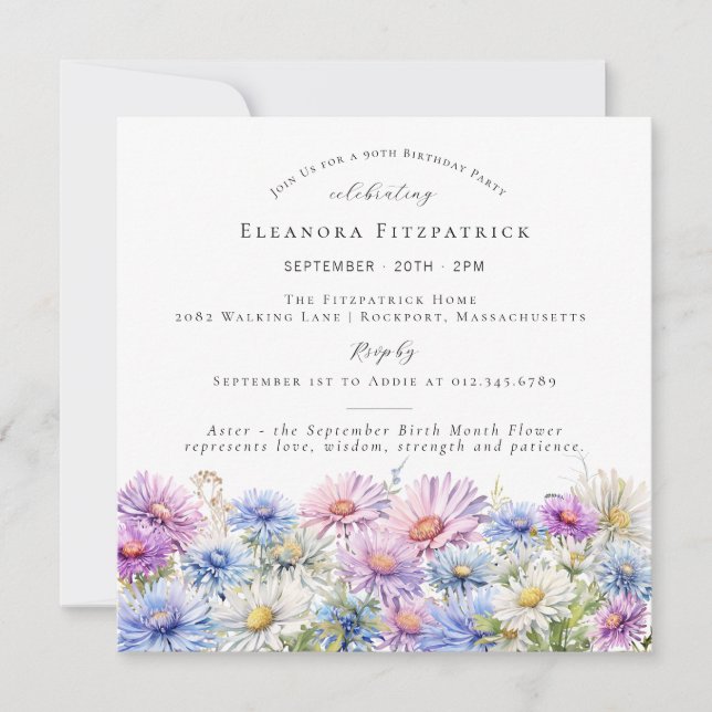 Invitación 90 cumpleaños septiembre Birth Month Flower Square (Anverso)