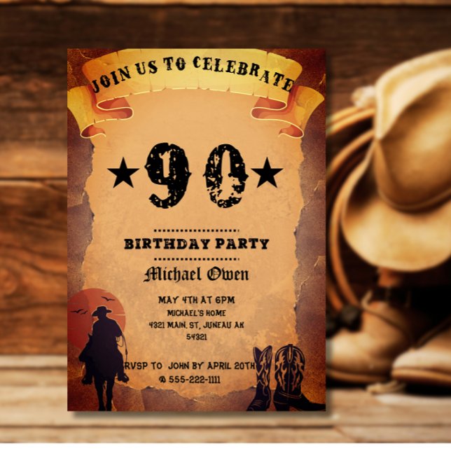 Invitación 90 cumpleaños vaquero fiesta de montar a caballo (Subido por el creador)