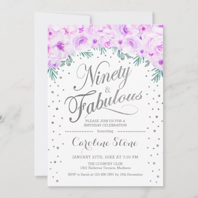 Invitación 90 Fabulosa fiesta de cumpleaños - Púrpura de Plat (Anverso)