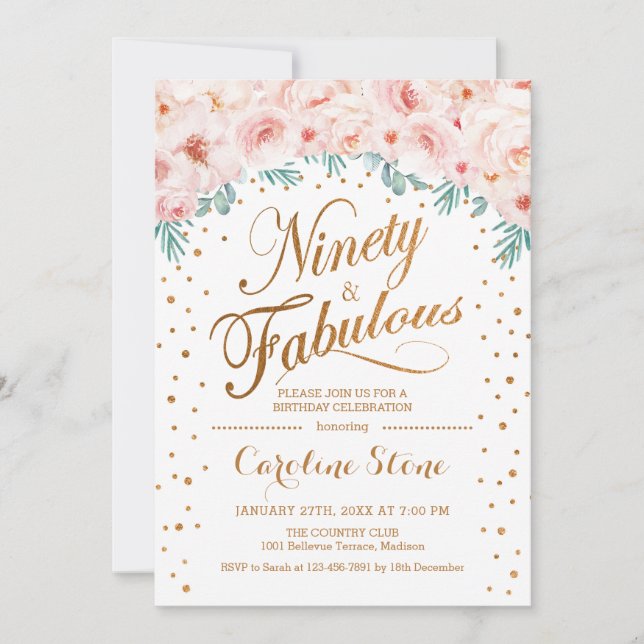 Invitación 90 Fabulosa fiesta de cumpleaños - Rosa de Oro Bla (Anverso)