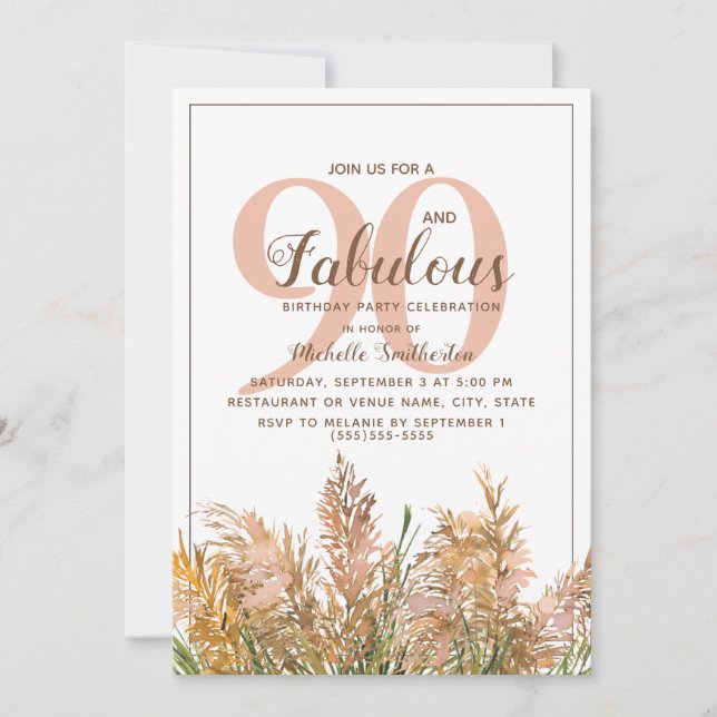 Invitación 90 Fabulosa Grasa Pampas en cumpleaños blanco (Anverso)