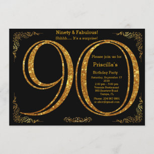 Invitación 90,Fiesta de cumpleaños, noventa, gatsby, negro y 