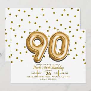 Invitación 90 Globos de Oro y Confeti Cumpleaños 90