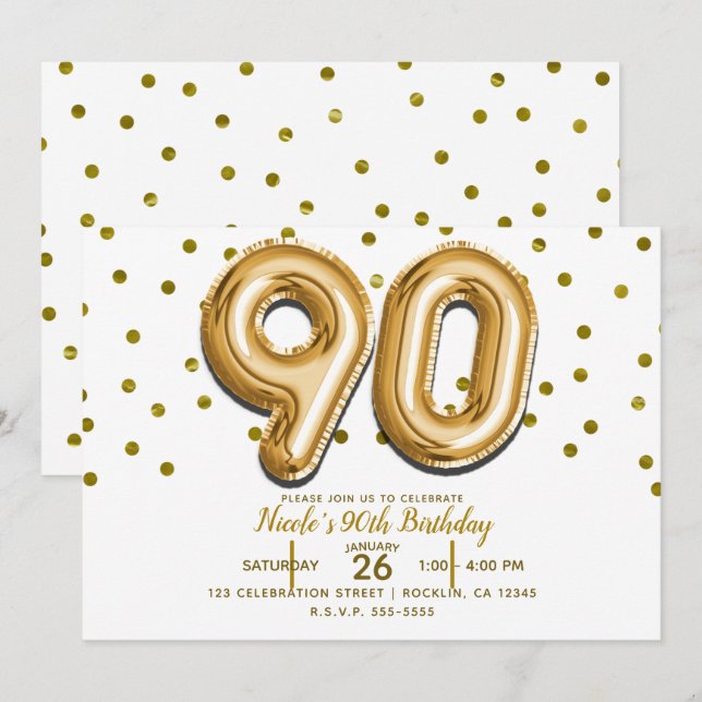 Invitación 90 Globos de Oro y Confetti 90ª fiesta de cumpleañ (Anverso / Reverso)